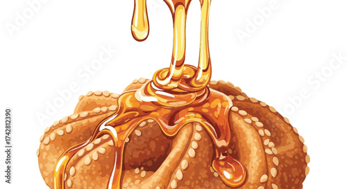 Drizzled with golden liquid, a delicious pastry is covered in sesame seeds and drizzled with sweet honey