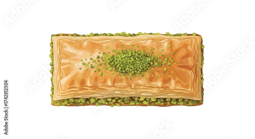 Detailed top-down vector illustration of a single rectangular piece of sweet baklava pastry, garnished with crushed green pistachio nuts, isolated on a white background