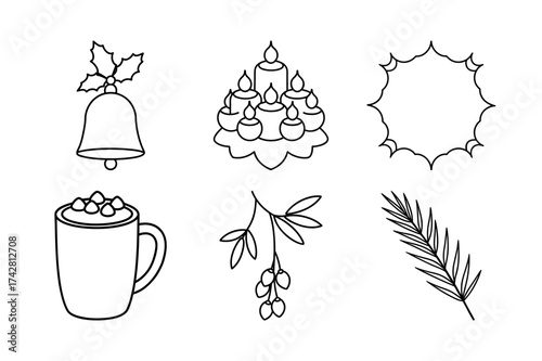 Holiday themed line art featuring a bell, candles, a decorative shape, a mug, a branch, and a pine needle