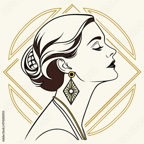 Art Deco Woman Profile with Dark Hair and Gold Jewelry