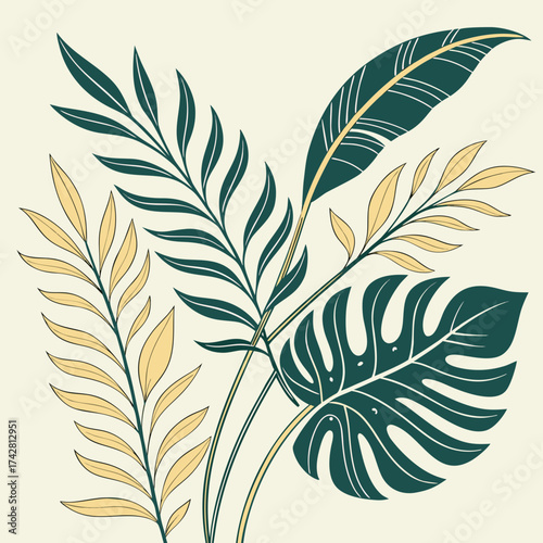 Assorted Tropical Leaves in Gold and Teal on Cream Background
