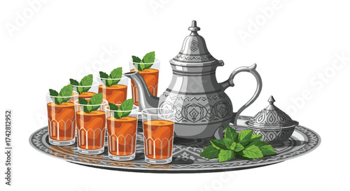 Elegant Moroccan Tea Service with Traditional Silver Teapot and Mint on Ornate Tray
