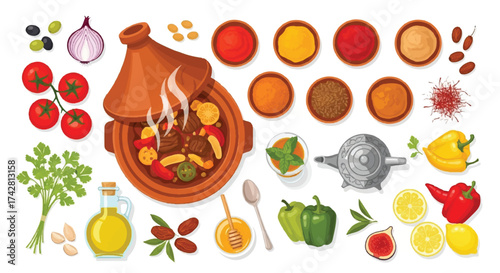 Flavorful Moroccan Tagine with Spices and Vegetables - Delicious Food Illustration