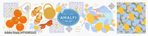 Amalfi. Vector summer mediterranean illustrations of italian coast, lemons, pattern, tomato in wicker string bag, tile, ceramics, sandals with bag and sunglasses for postcard, poster or background