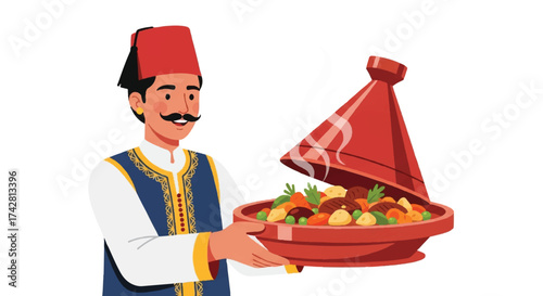 Cheerful Moroccan man in a traditional fez hat serving a steaming hot tagine dish. Flat style vector character illustration isolated on white
