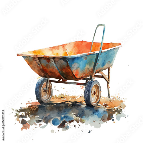 Wheelbarrow, watercolor drawing vector, isolated on a white background.