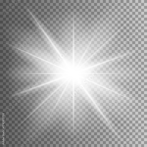 Glow white light effect set, lens flare, explosion, glitter, line, sun flash, spark and stars. Abstract special effect element design.