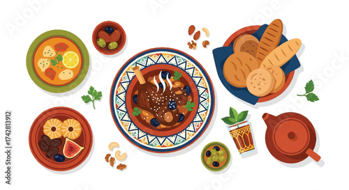 Authentic Moroccan Cuisine Flat Lay A Richly Illustrated Spread of Traditional Tagine, Flavorful Soup, Fresh Bread, and Refreshing Mint Tea for a Cultural Dining Experience
