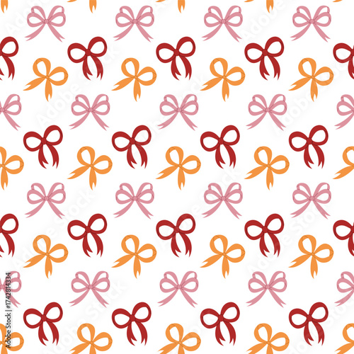 Pattern of colorful ribbon bowknots. Vector seamless background of cute bows for birthday, anniversary, Valentine`s day, Christmas. Perfect for fabric, textile, wallpaper, decor, print, packaging.