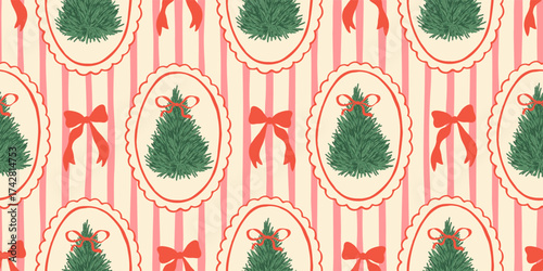 Christmas seamless pattern with a tree in a vintage frame and a red bow. Festive doodle style, perfect for holiday backgrounds or textile designs. Vector illustration.