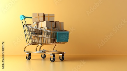 Shopping cart full of cardboard boxes on a pale yellow background