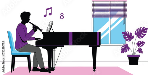 Man playing clarinet and piano illustration music performance art editable vector