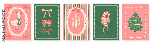 Set of Christmas vertical postcard designs with festive goose, bows, burning candles, candy cane, and decorated fir tree, for holiday greeting or celebration, vector illustration.