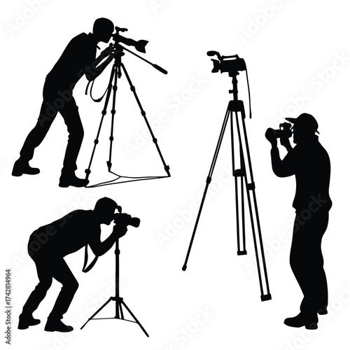 Black silhouettes of four photographers with cameras on tripods against white background photography