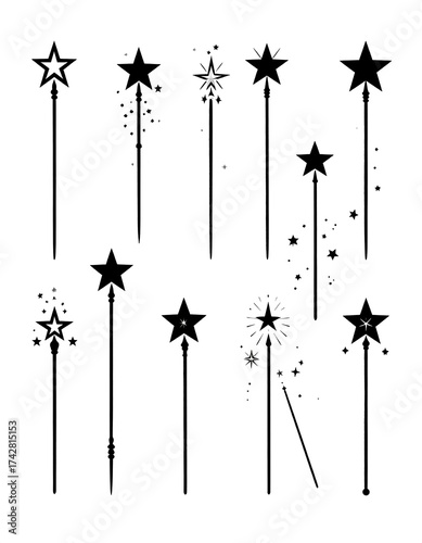 Set of black and white cartoon wands, each topped with a star