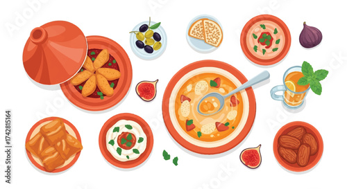 Colorful vector illustration of a Moroccan and Middle Eastern feast tagine, hummus, olives, figs, pastries, and mint tea, in a delightful flat lay