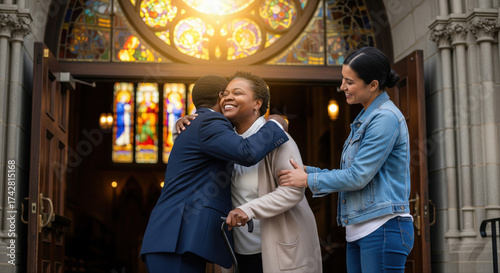 Smiling older Black woman using a cane embraces a man outside a sunlit church as a younger woman stands beside them, surrounded by stained glass and warmth — symbolizing community, support, hope.