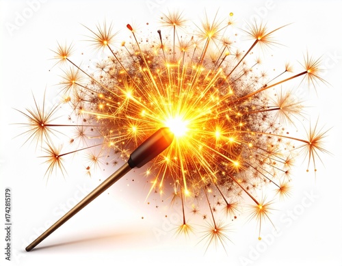 Single Diwali sparkler, lit with glowing sparks, isolated on white background, high