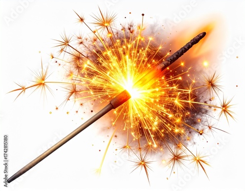 Single Diwali sparkler, lit with glowing sparks, isolated on white background, high