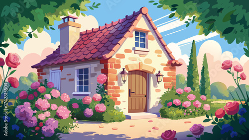 Charming French countryside cottage with rose vines climbing the walls, soft sunlight glow, dreamy vector composition, spring flowers in full bloom, pure white background elegance.