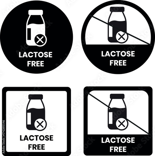 Lactose Free icon set. Lactose Free logo, label, sign, badge, symbol, banner, line, flat vector, isolated illustration. Lactose Free label for product packaging design. lactose free milk sign.