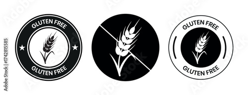 Gluten Free label set. Gluten free badge, logo, icon, stamp, sticker, symbol, allergen free mark, organic food label, healthy product emblem, vector design for packaging, branding, and print.