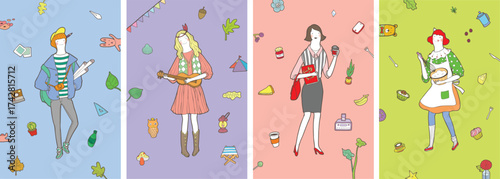 Illustrations of women in various professions, including musicians, chefs, travelers, and career-oriented professionals.