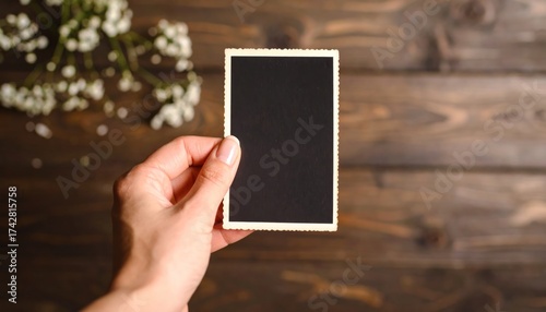 Hand holding blank photo frame with flowers, and wooden background.