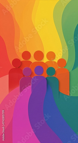 Flat vector illustration of diverse group of people in rainbow colors representing unity and inclusion. Concept of diversity, equality, and community
