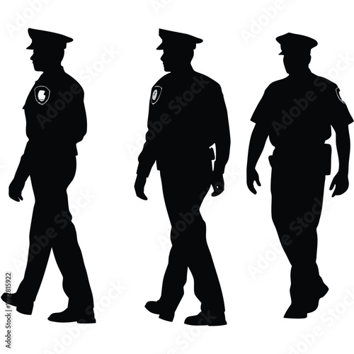 Three policemen in uniform confidently walk to enforce law and security here