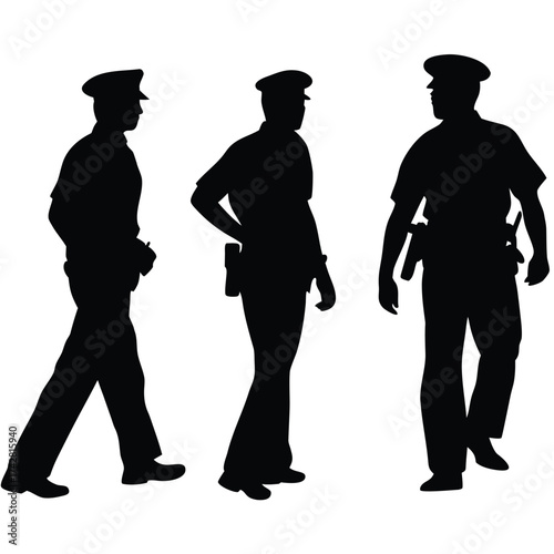 Three police officers in dark silhouettes stand in casual poses against a stark white background