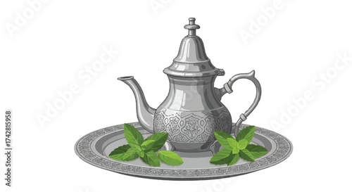 Vintage silver Moroccan teapot and tray with fresh mint leaves for a traditional tea ceremony, vector illustration isolated on white background