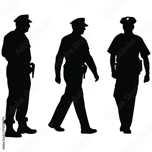 Three police officer silhouettes are standing and walking in uniform against a white backdrop