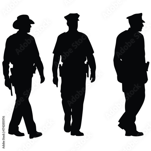 Three police officer silhouettes are walking, wearing different uniform hats and carrying weapons