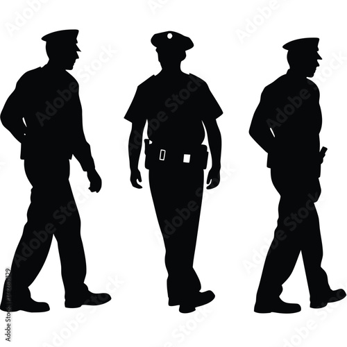 Three black police officer silhouettes walk representing law and safety during patrolling shift