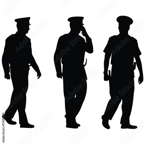 Three police officer silhouettes walk, showing law enforcement activity and security presence clearly