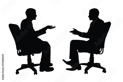 Two seated businessmen converse in silhouette, each gesturing during the discussion