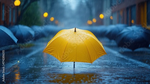Wallpaper Mural Single yellow umbrella in a rainy street scene Torontodigital.ca