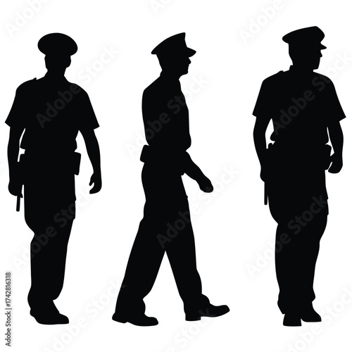 Three police officers in uniform stand and walk displaying their strong silhouettes against a stark background