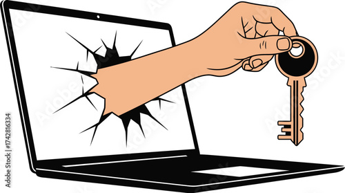Laptop security key access unlock data breach computer protection editable vector