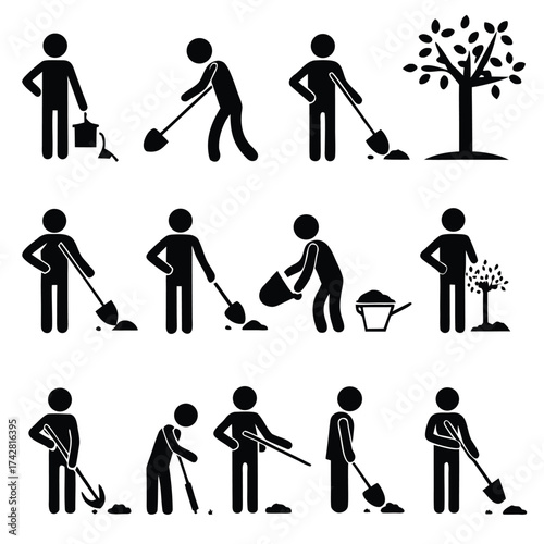 Twelve black stick figures depict people digging, planting, and gardening on a white background