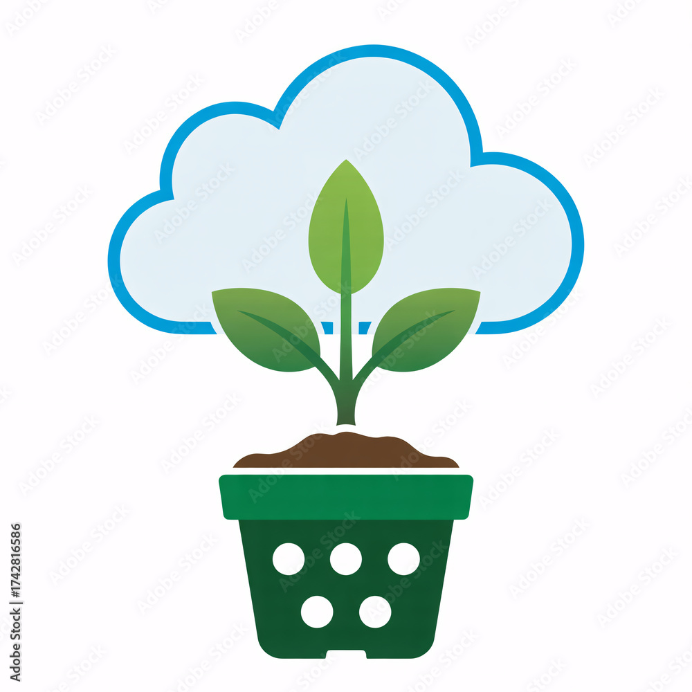 Fototapeta premium Green plant growing in pot under a bright cloud symbolizing growth, innovation, and digital future