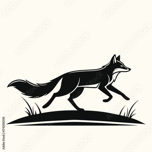Black silhouette shows a fox leaping forward across the grassy mound on transparent background