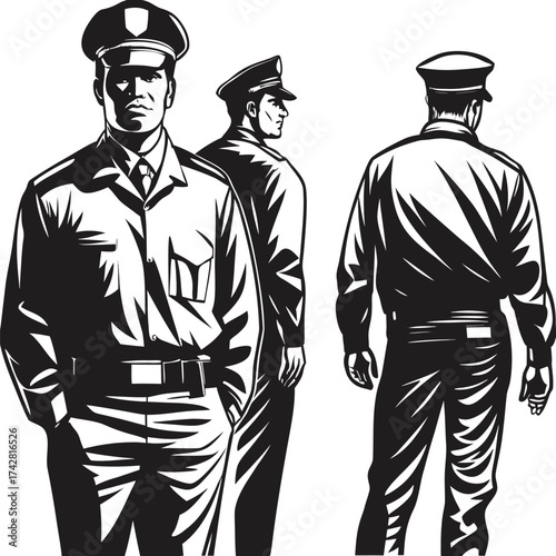 Three officers stand guard with distinctive black and white uniform appearance showing different angles