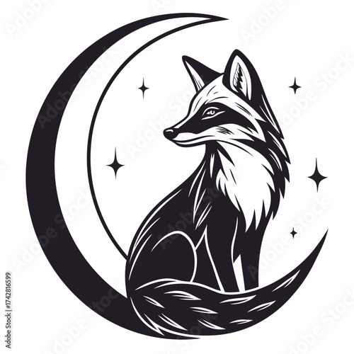 Elegant fox silhouette sits on crescent moon with stars, transparent background