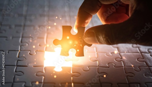 Hand placing puzzle piece with solution, success, and business concept.