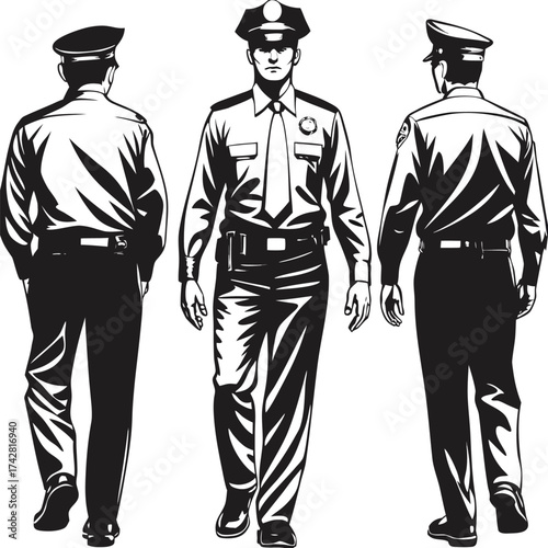 Monochromatic policeman illustration displays an officer walking from the front and two officers walking from the back