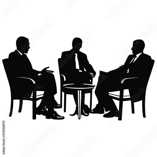 Three businessmen silhouettes sit in chairs around a table in a setting