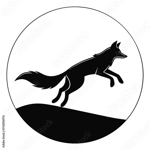 Silhouette of a fox leaping over a dark hill inside a simple circular frame