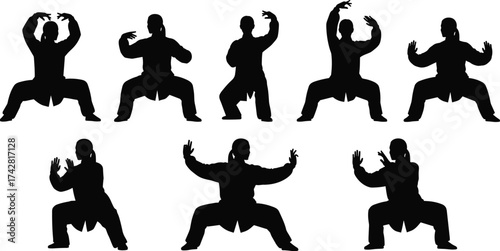 Silhouette of martial artist practicing tai chi movements, kung fu poses, traditional Chinese martial arts training, fitness and balance concept illustration